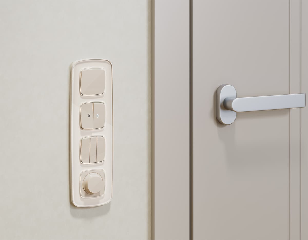 Комплект механизма 2-кл проходного выключателя с подсветкой 5600K OMEGA Бежевый глянец QUANT (OP3040, VM120, G25W)