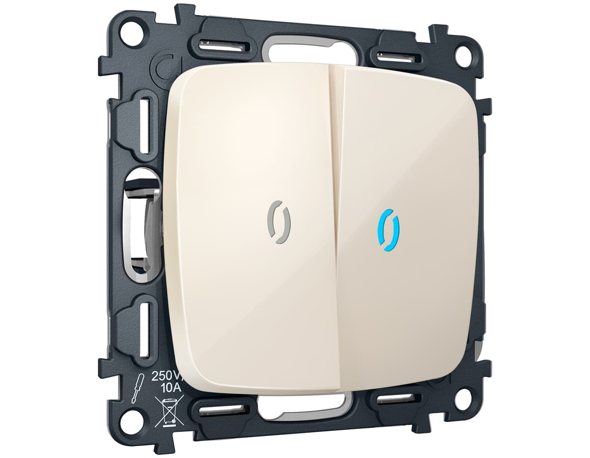 Комплект механизма 2-кл выключателя с самовозвратом с подсветкой 10000K OMEGA Бежевый глянец QUANT (OP3040, VM129, G17B)