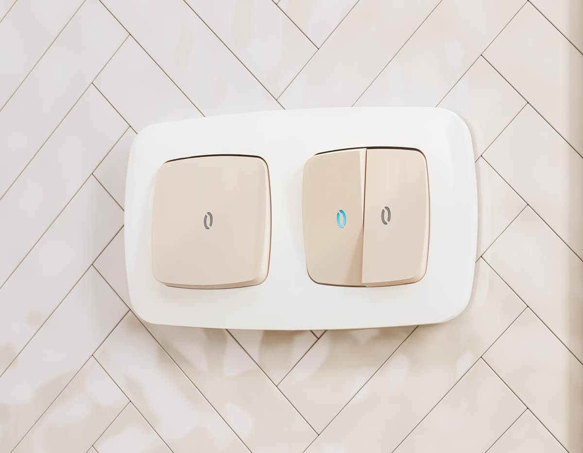 Комплект механизма 2-кл выключателя с самовозвратом с подсветкой 10000K OMEGA Бежевый глянец QUANT (OP3040, VM129, G17B)