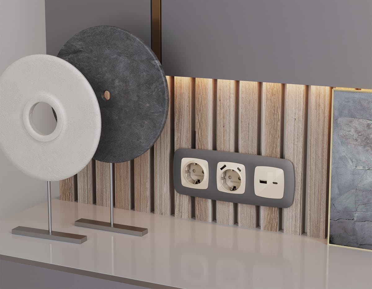 Комплект механизма электрической розетки OMEGA Бежевый глянец с/з с шторками QUANT (OP3070, VM141)