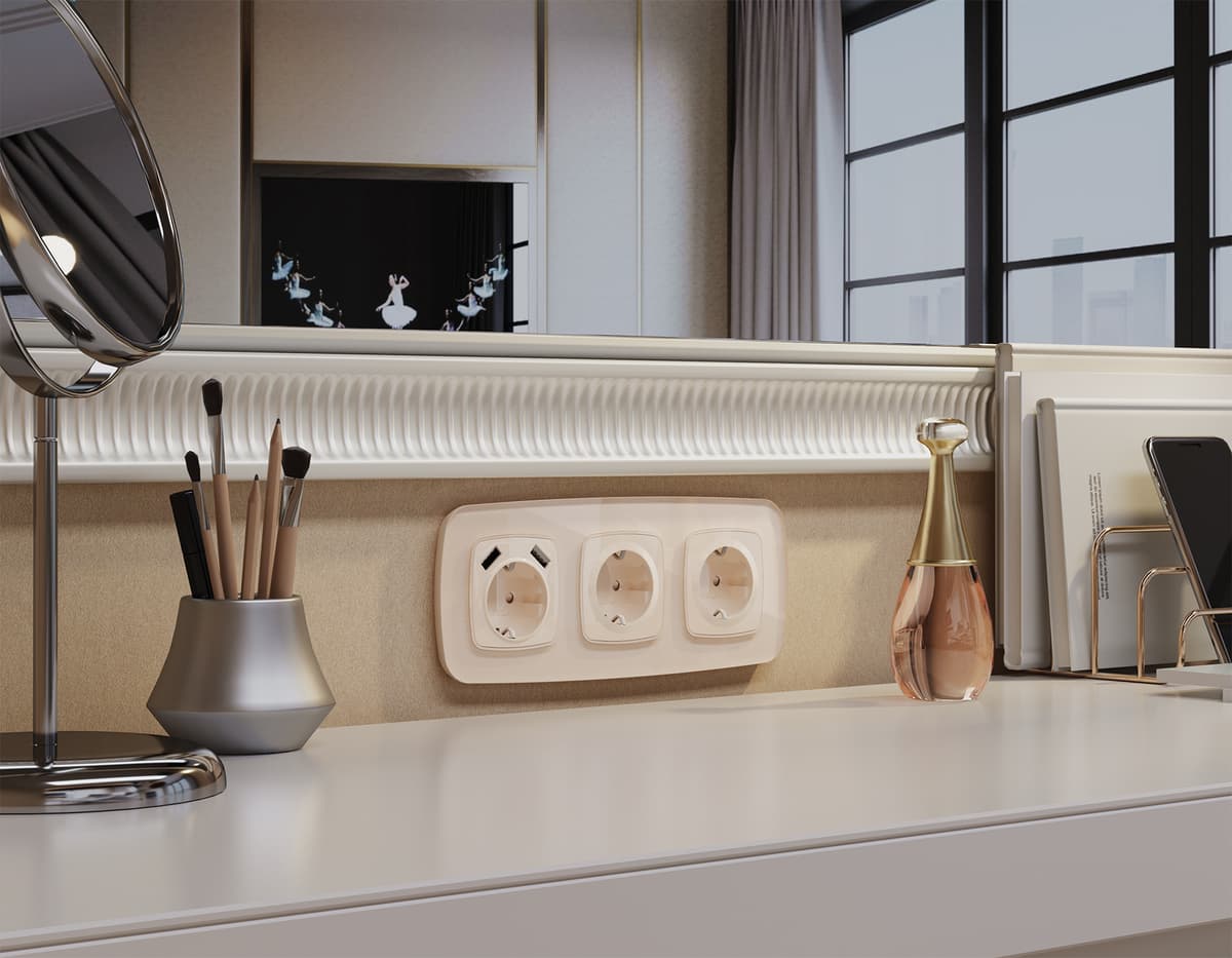 Комплект механизма электрической розетки OMEGA Бежевый глянец 2USB A+A 18W (быстрая зарядка) с/з QUANT (OP3090, VM155)