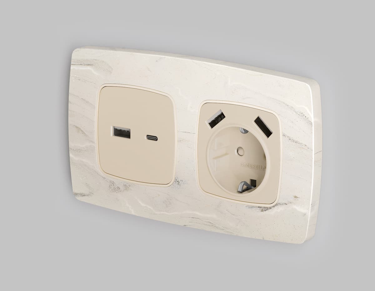 Комплект механизма электрической розетки OMEGA Бежевый матовый 2USB A+A 18W (быстрая зарядка) с/з QUANT (OP3290, VM155)