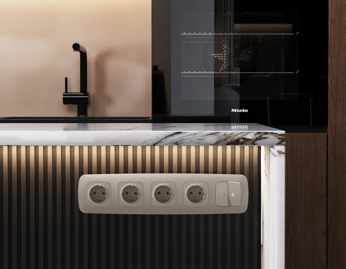 Комплект механизма 2-кл проходного выключателя с подсветкой 3200K OMEGA Серо-бежевый матовый QUANT (OP3640, VM120, G22Y)