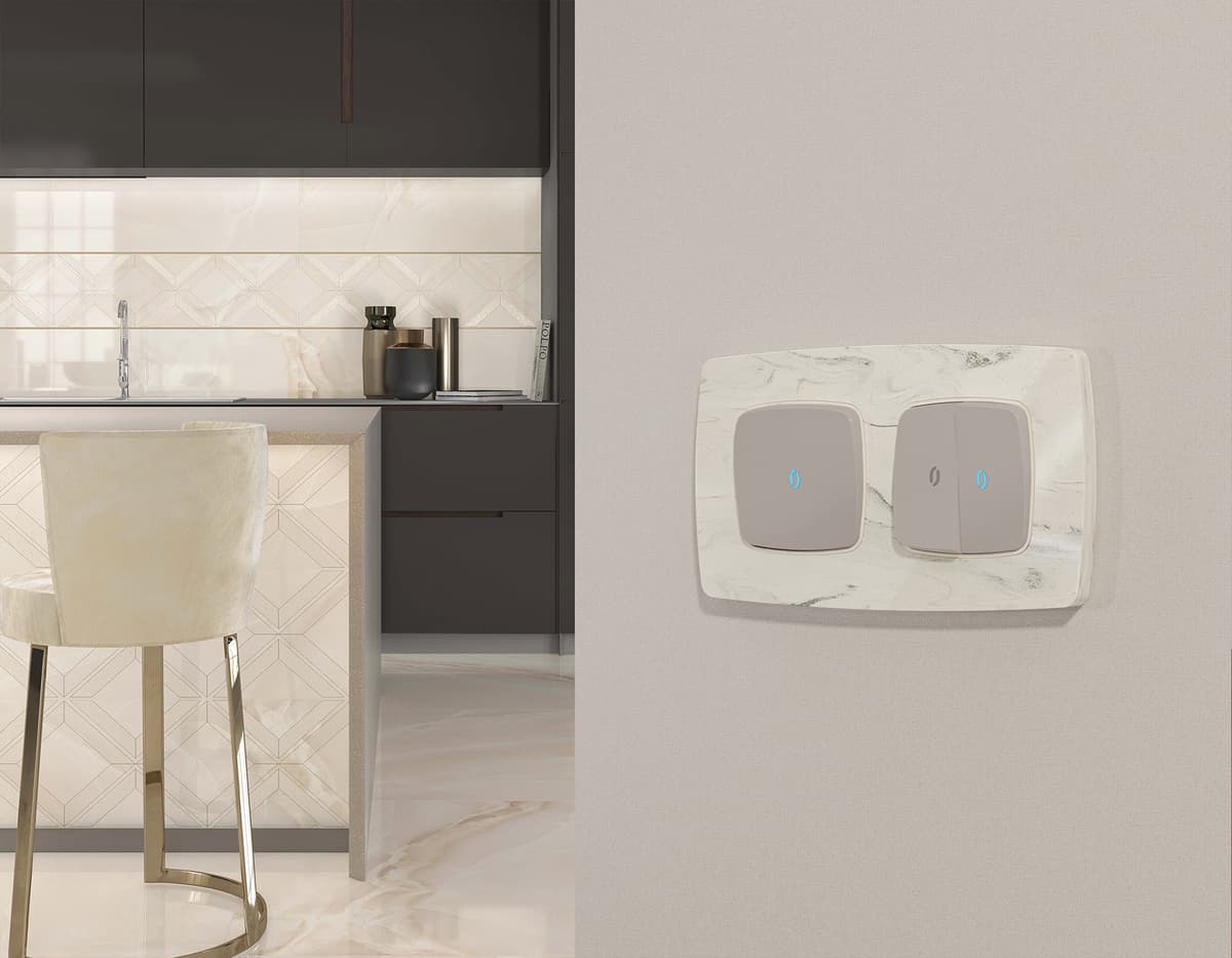 Комплект механизма 2-кл проходного выключателя с подсветкой 10000K OMEGA Серо-бежевый матовый QUANT (OP3640, VM120, G29B)