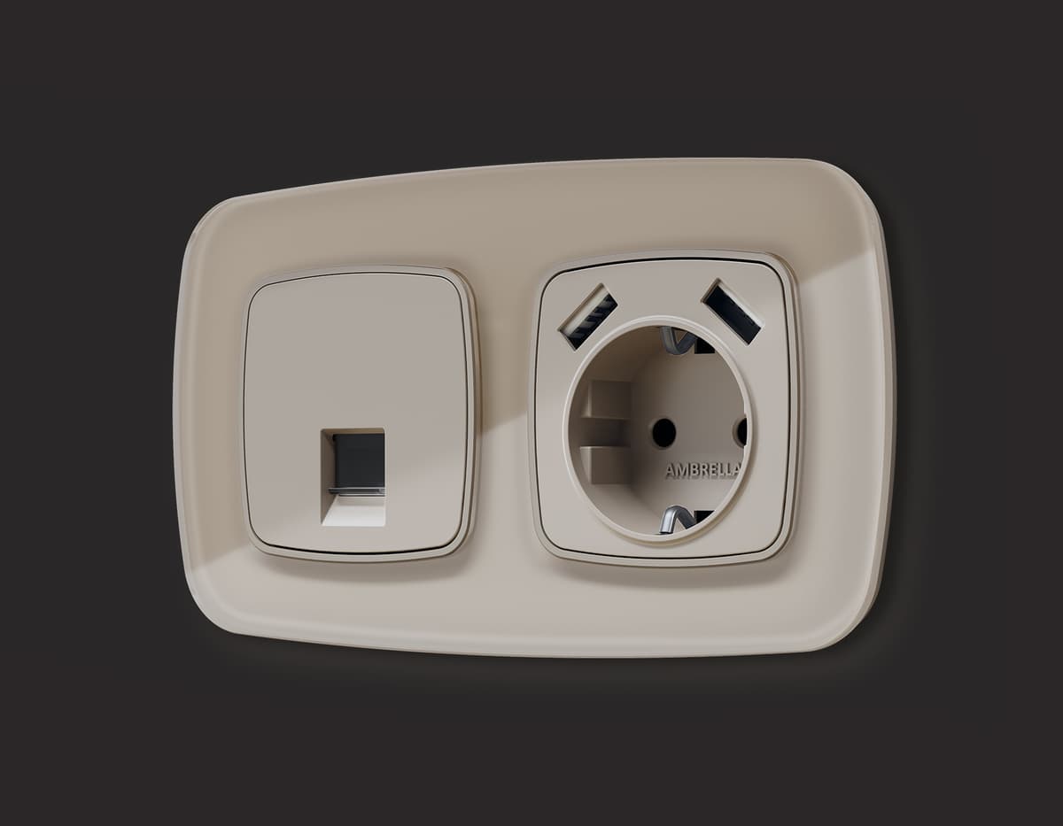 Комплект механизма электрической розетки OMEGA Серо-бежевый матовый 2USB A+A 18W (быстрая зарядка) с/з QUANT (OP3690, VM155)