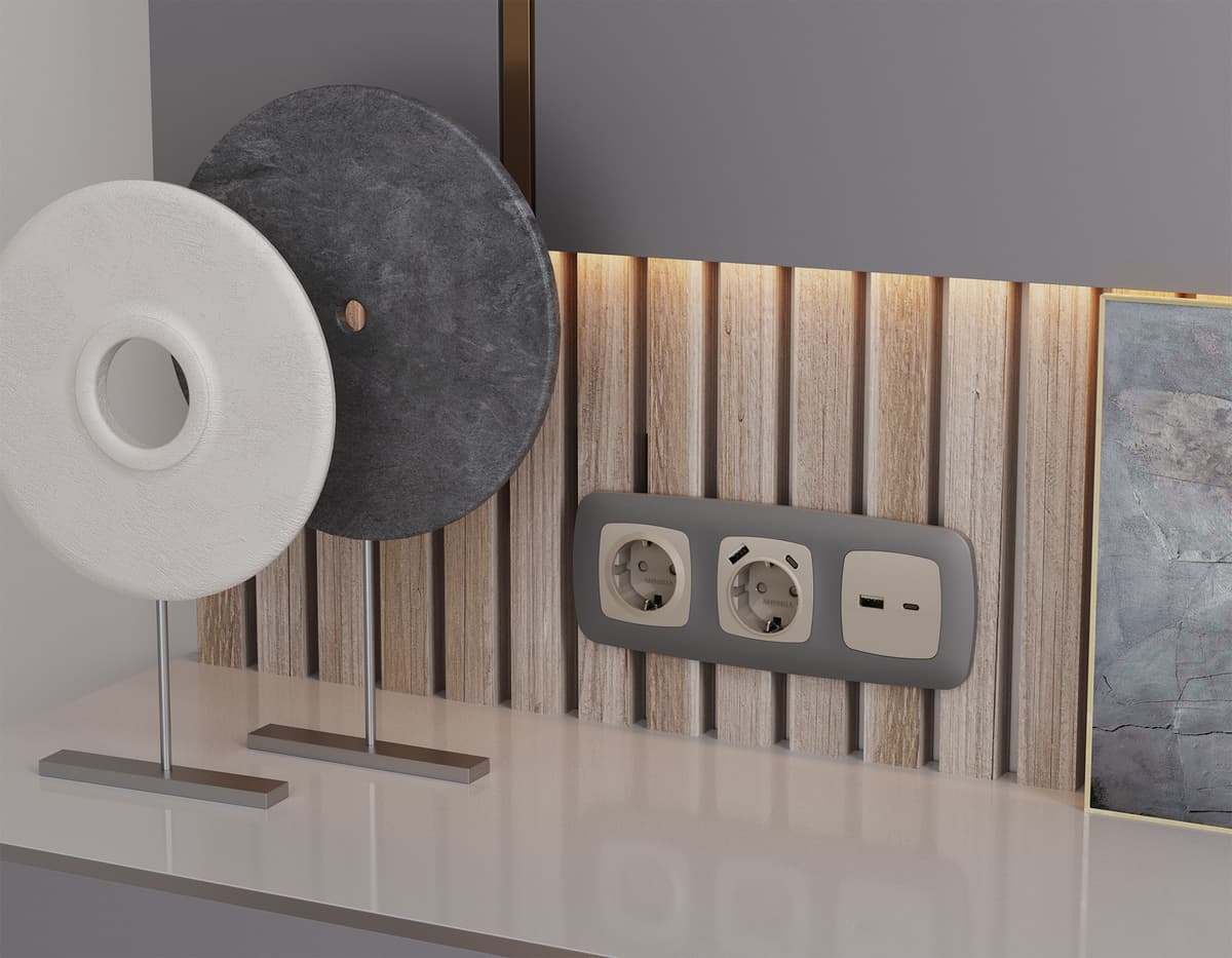 Комплект механизма электрической розетки OMEGA Серо-бежевый матовый 2USB A+C 20W (быстрая зарядка) с/з QUANT (OP3700, VM160)