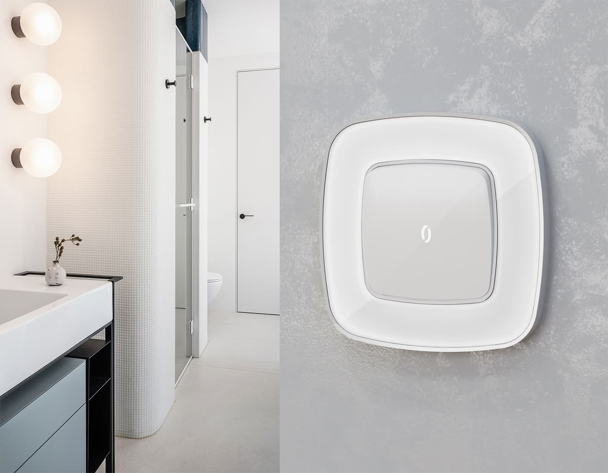 Комплект механизма 1-кл проходного выключателя с подсветкой 5600K OMEGA Серебро глянец QUANT (OP4020, VM105, G25W)