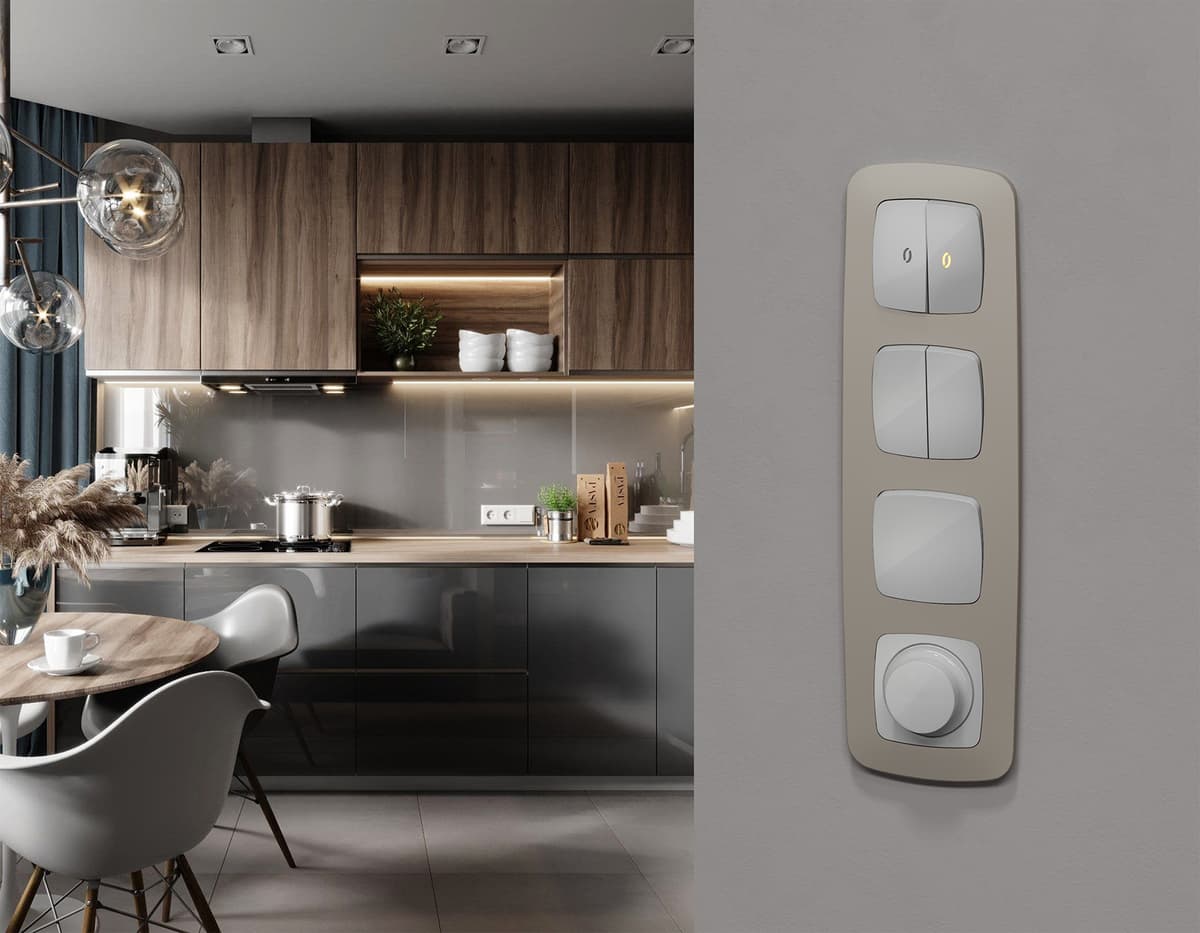 Комплект механизма 2-кл проходного выключателя с подсветкой 3200K OMEGA Серебро глянец QUANT (OP4040, VM120, G22Y)