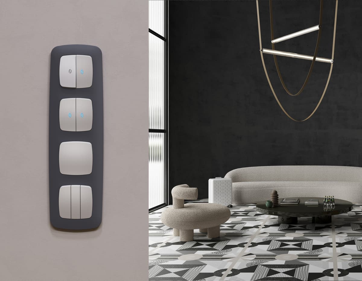 Комплект механизма 2-кл проходного выключателя с подсветкой 10000K OMEGA Серебро глянец QUANT (OP4040, VM120, G29B)