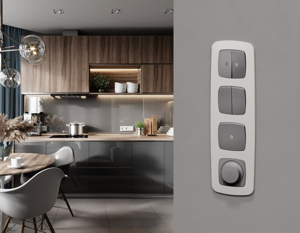 Комплект механизма 1-кл проходного выключателя с подсветкой 5600K OMEGA Сталь матовый QUANT (OP5020, VM105, G25W)