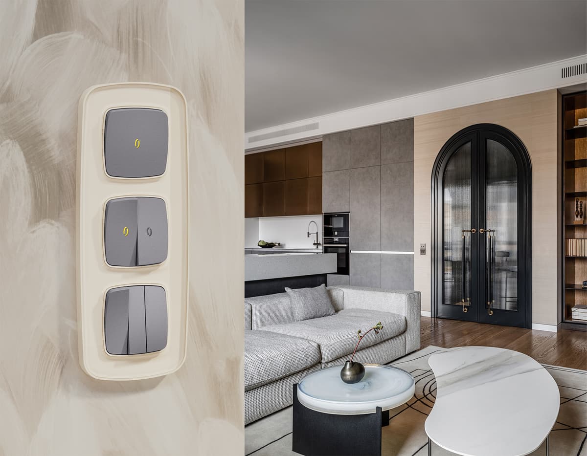 Комплект механизма 2-кл выключателя с подсветкой 3200K OMEGA Сталь матовый QUANT (OP5040, VM115, G11Y)