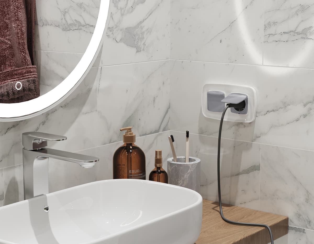 Комплект механизма электрической розетки OMEGA Сталь матовый с/з с шторками и крышкой IP44 QUANT (OP5080, VM141)