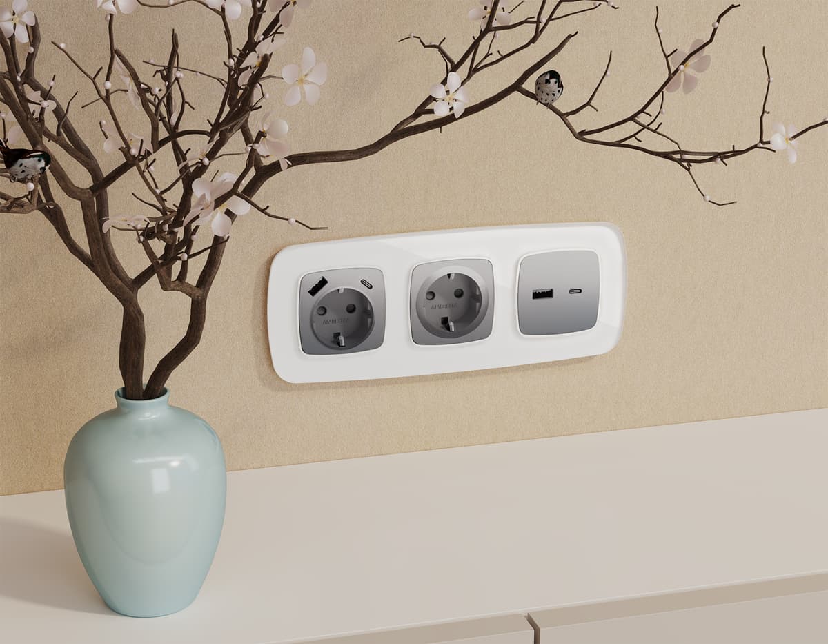 Комплект механизма электрической розетки OMEGA Сталь матовый 2USB A+C 20W (быстрая зарядка) с/з QUANT (OP5100, VM160)