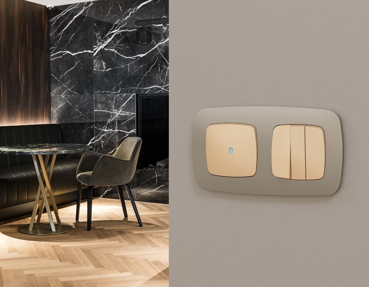 Комплект механизма 1-кл выключателя с подсветкой 10000K OMEGA Шампань QUANT (OP6020, VM101, G17B)