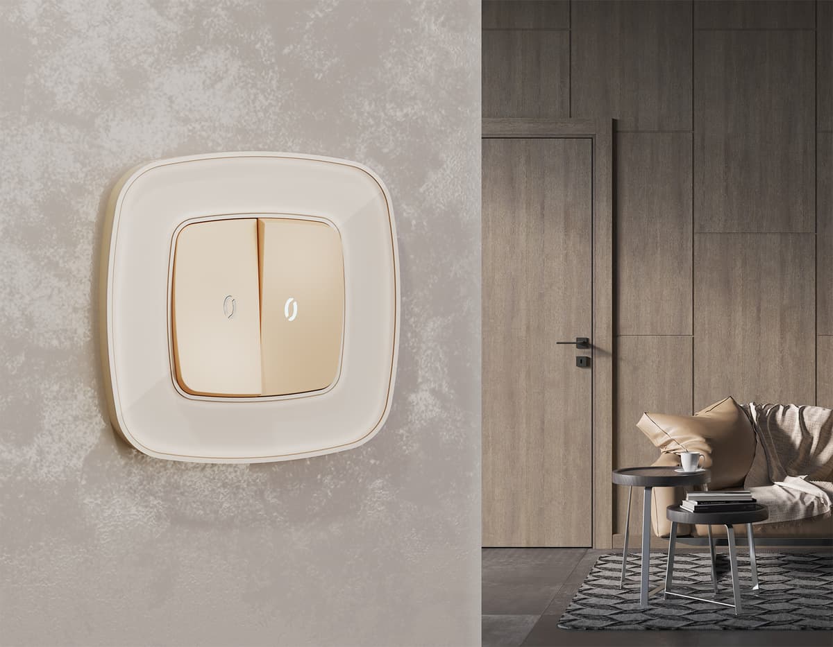 Комплект механизма 2-кл выключателя с подсветкой 5600K OMEGA Шампань QUANT (OP6040, VM115, G14W)