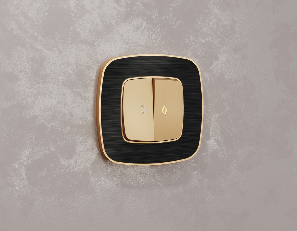 Комплект механизма 2-кл проходного выключателя с подсветкой 3200K OMEGA Шампань QUANT (OP6040, VM120, G22Y)