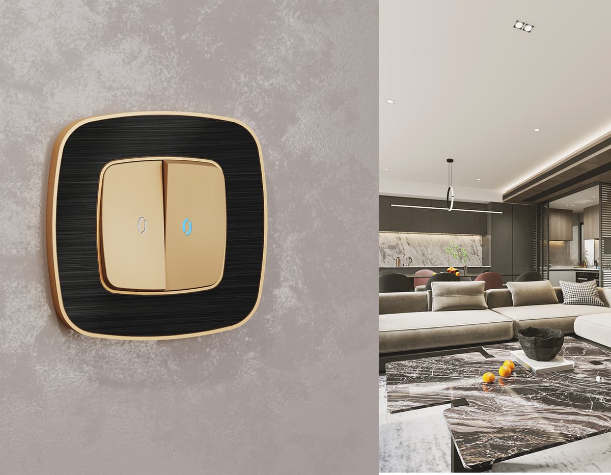 Комплект механизма 2-кл проходного выключателя с подсветкой 10000K OMEGA Шампань QUANT (OP6040, VM120, G29B)