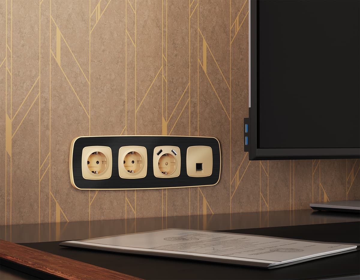 Комплект механизма электрической розетки OMEGA Шампань 2USB A+A 18W (быстрая зарядка) с/з QUANT (OP6090, VM155)