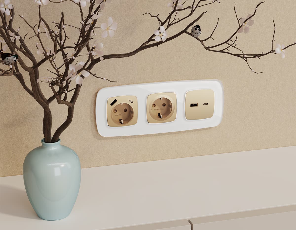 Комплект механизма розетки OMEGA Шампань 2USB A+C 20W (быстрая зарядка) QUANT (OP6110, VM177)