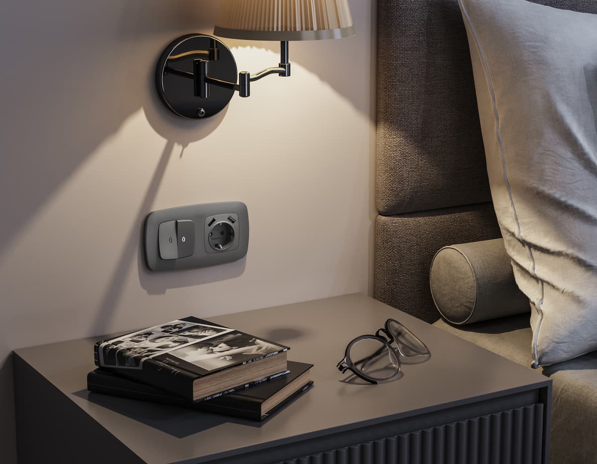 Комплект механизма 2-кл проходного выключателя с подсветкой 5600K OMEGA Антрацит серый QUANT (OP6540, VM120, G25W)