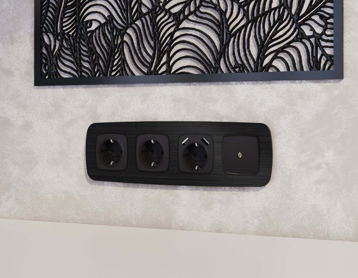 Комплект механизма 1-кл проходного выключателя с подсветкой 3200K OMEGA Черный матовый QUANT (OP8020, VM105, G22Y)