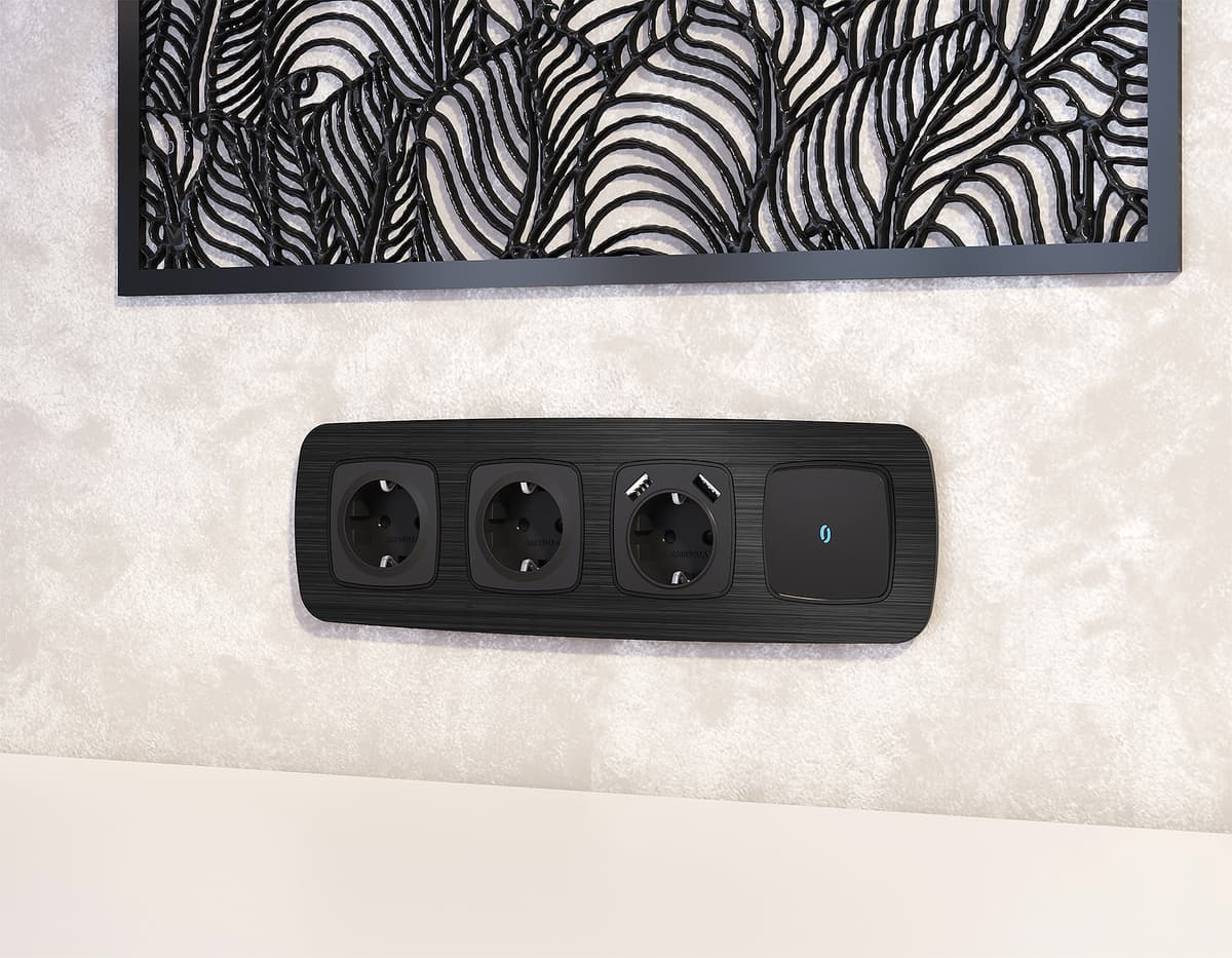 Комплект механизма 1-кл проходного выключателя с подсветкой 10000K OMEGA Черный матовый QUANT (OP8020, VM105, G29B)