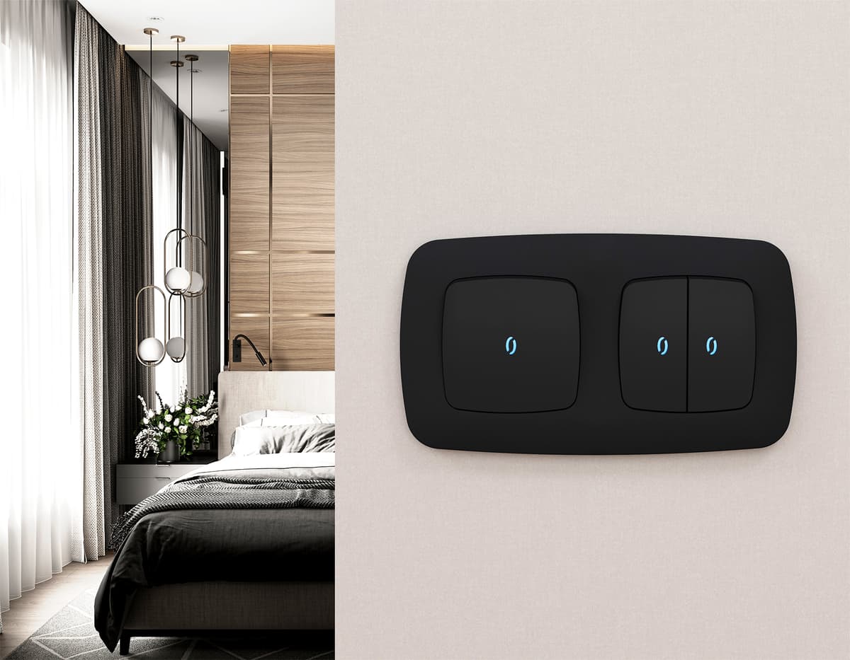 Комплект механизма 2-кл проходного выключателя с подсветкой 10000K OMEGA Черный матовый QUANT (OP8040, VM120, G29B)