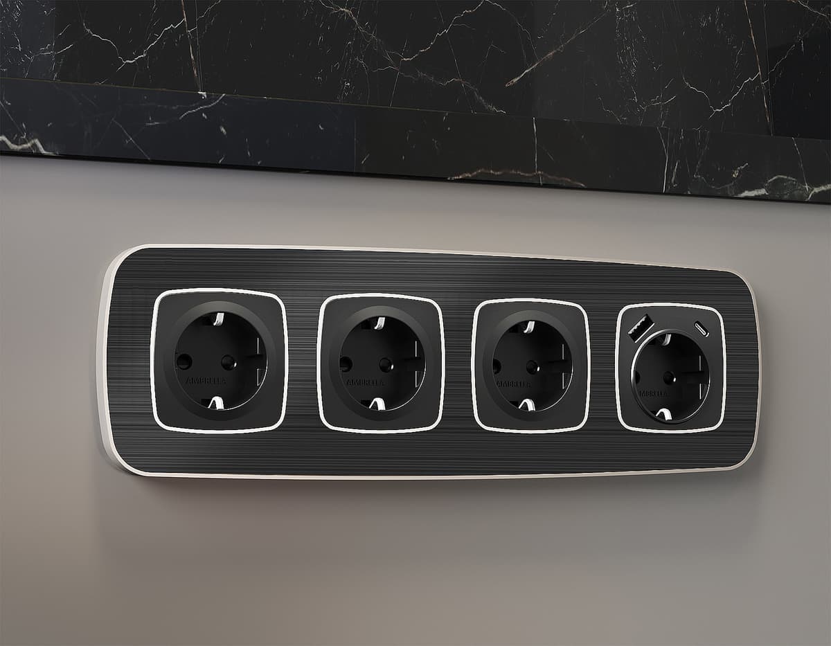 Комплект механизма электрической розетки OMEGA Черный матовый с/з и шторками QUANT (OP8070, VM141)