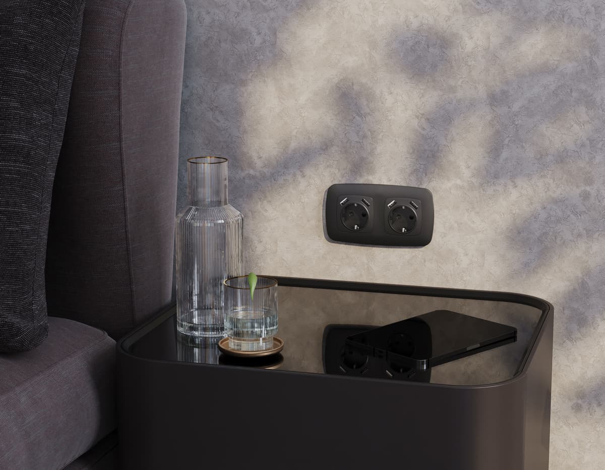 Комплект механизма электрической розетки OMEGA Черный матовый 2USB A+A 18W (быстрая зарядка) с/з QUANT (OP8090, VM155)