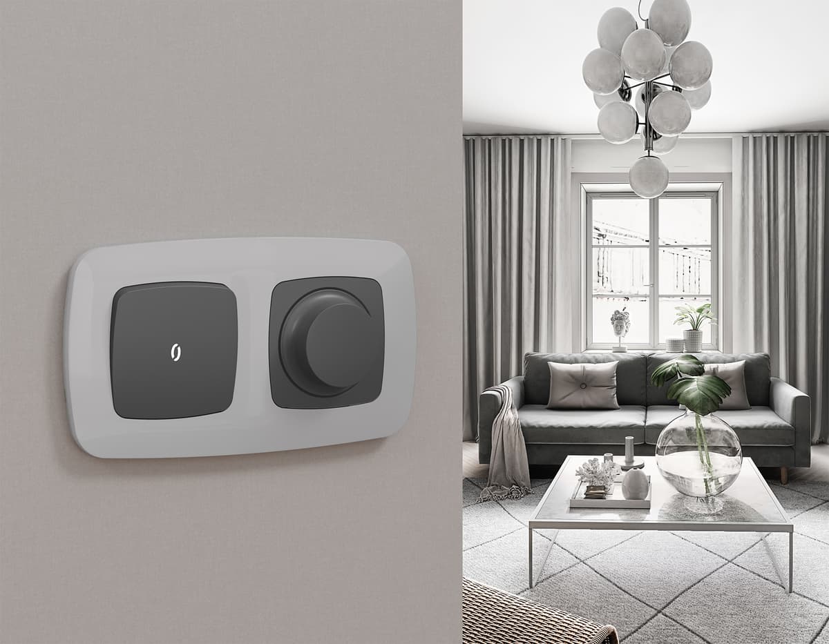 Комплект механизма 1-кл проходного выключателя с подсветкой 5600K OMEGA Графит мягкое касание QUANT (OP9020, VM105, G25W)