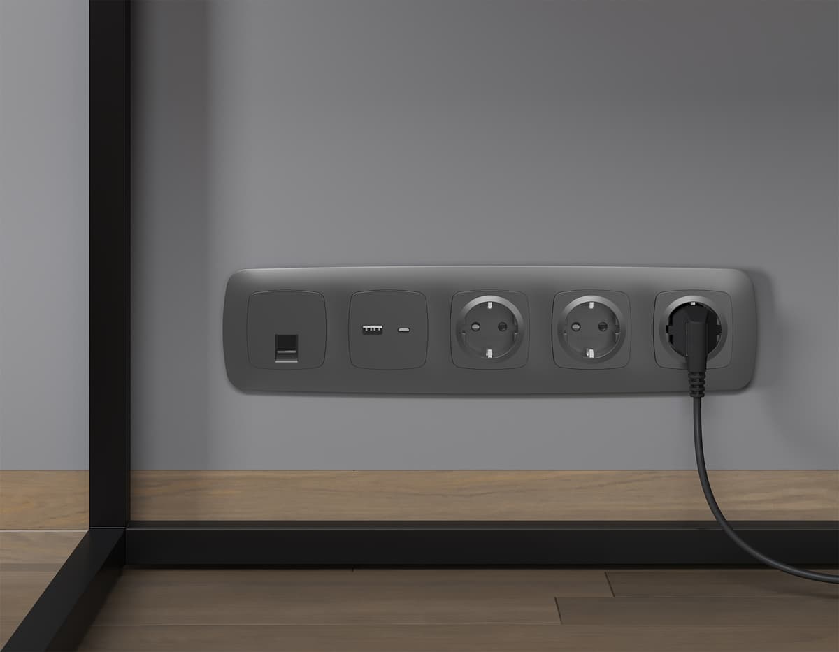 Комплект механизма розетки OMEGA Графит мягкое касание 2USB A+C 20W (быстрая зарядка) QUANT (OP9110, VM177)